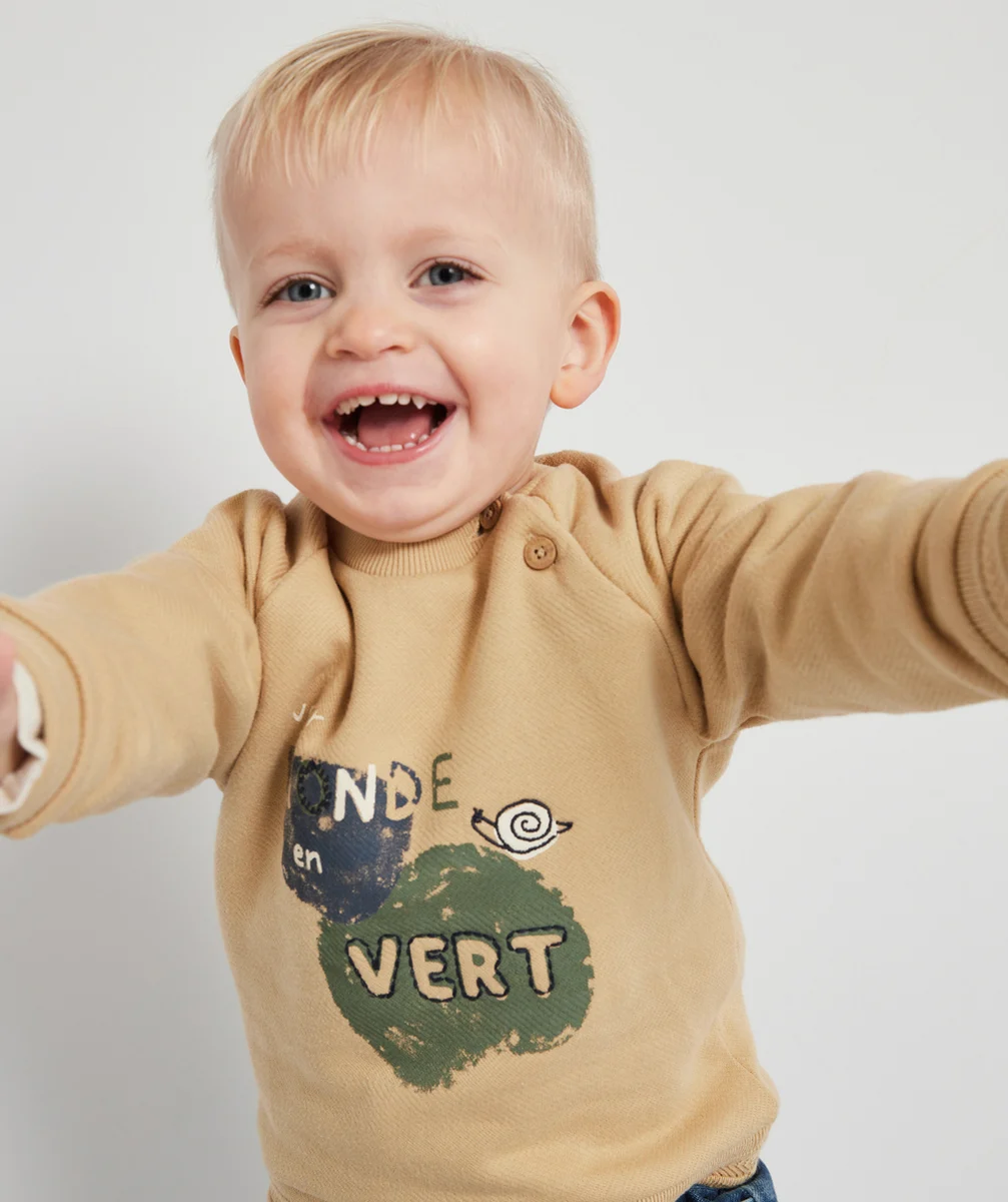 SWEAT BÉBÉ GARÇON EN FIBRES RECYCLÉES BEIGE AVEC MESSAGE