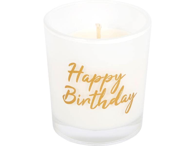 müller Kerzen Kerze im Glas «Happy Birthday» 6.5 x 5.5 cm, Geburtstags-Kerzenglas