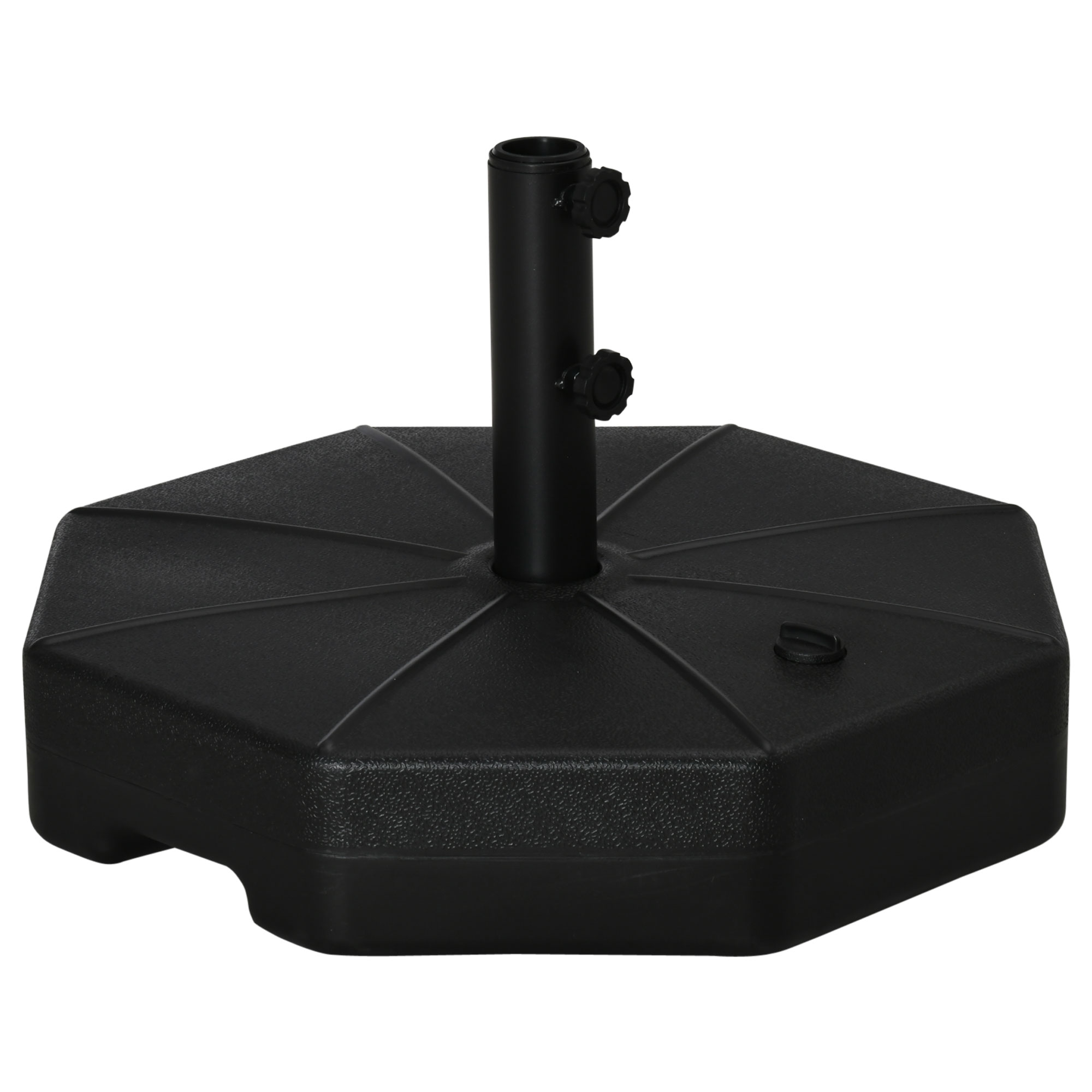 Base para guarda-sol Outsunny, preenchível com água (28 kg) ou areia (40 kg), octogonal, adequada para mastros de 38 mm e 48 mm, para jardim e pátio, Ø60 x 36 cm, preta.