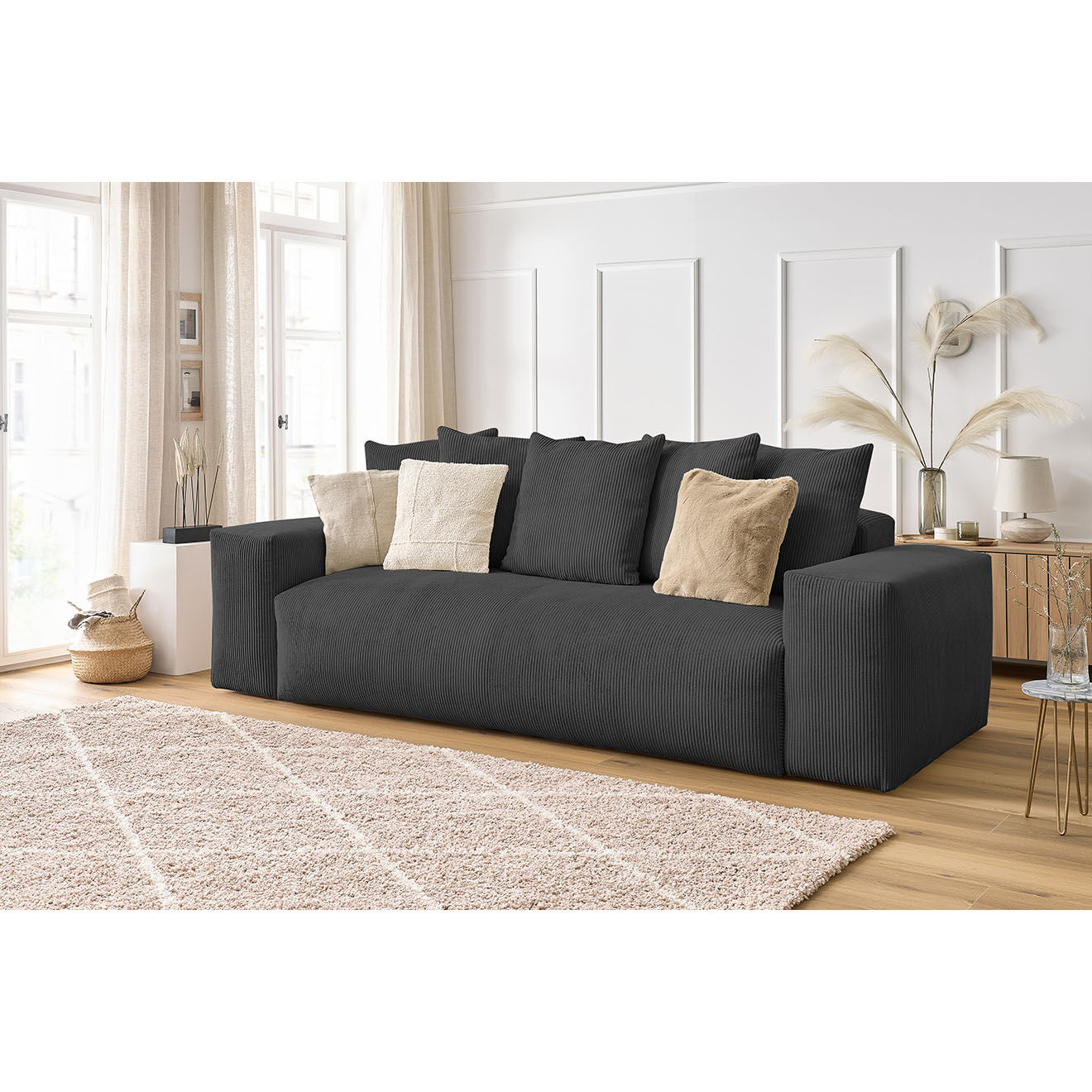 Bobochic Canapé droit fixe 3 places ultra moelleux voltaire velours côtelé gris foncé - 280x124x75 cm