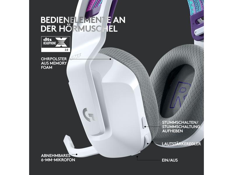 Logitech Headset G733 Lightspeed Weiss Wireless-Gaming-Headset mit DTS 7.1 Surround-Sound und RGB Beleuchtung