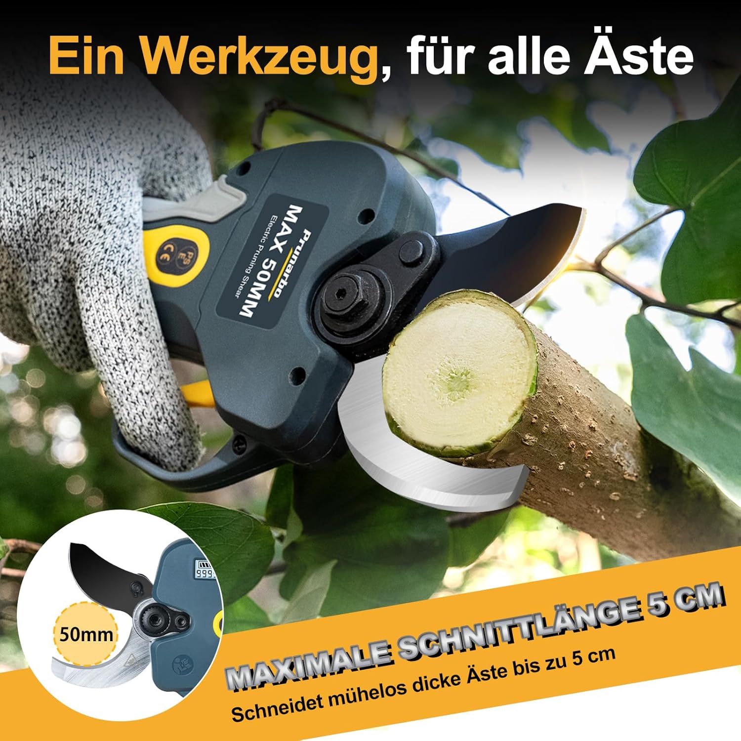 2-in-1 Akku Astschere Teleskop, 50MM Elektrische Gartenschere mit Akku 2 4Ah Brushless LCD Display Astschere Elektrisch Kompatibel mit 18V Akkus (PR-E50 pruner+pole set)