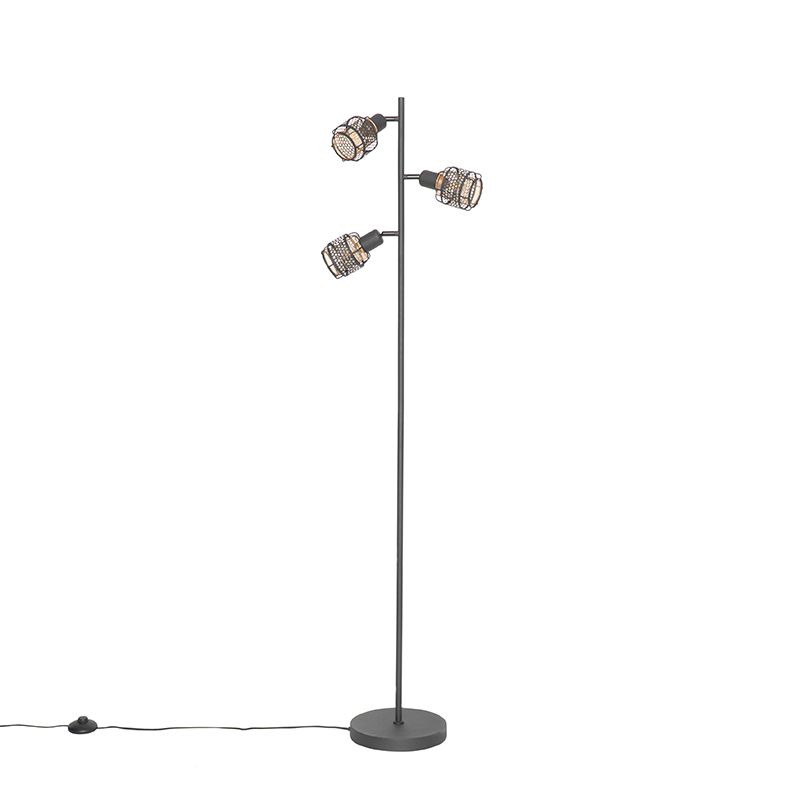 Design vloerlamp zwart met goud 3-lichts - Noud