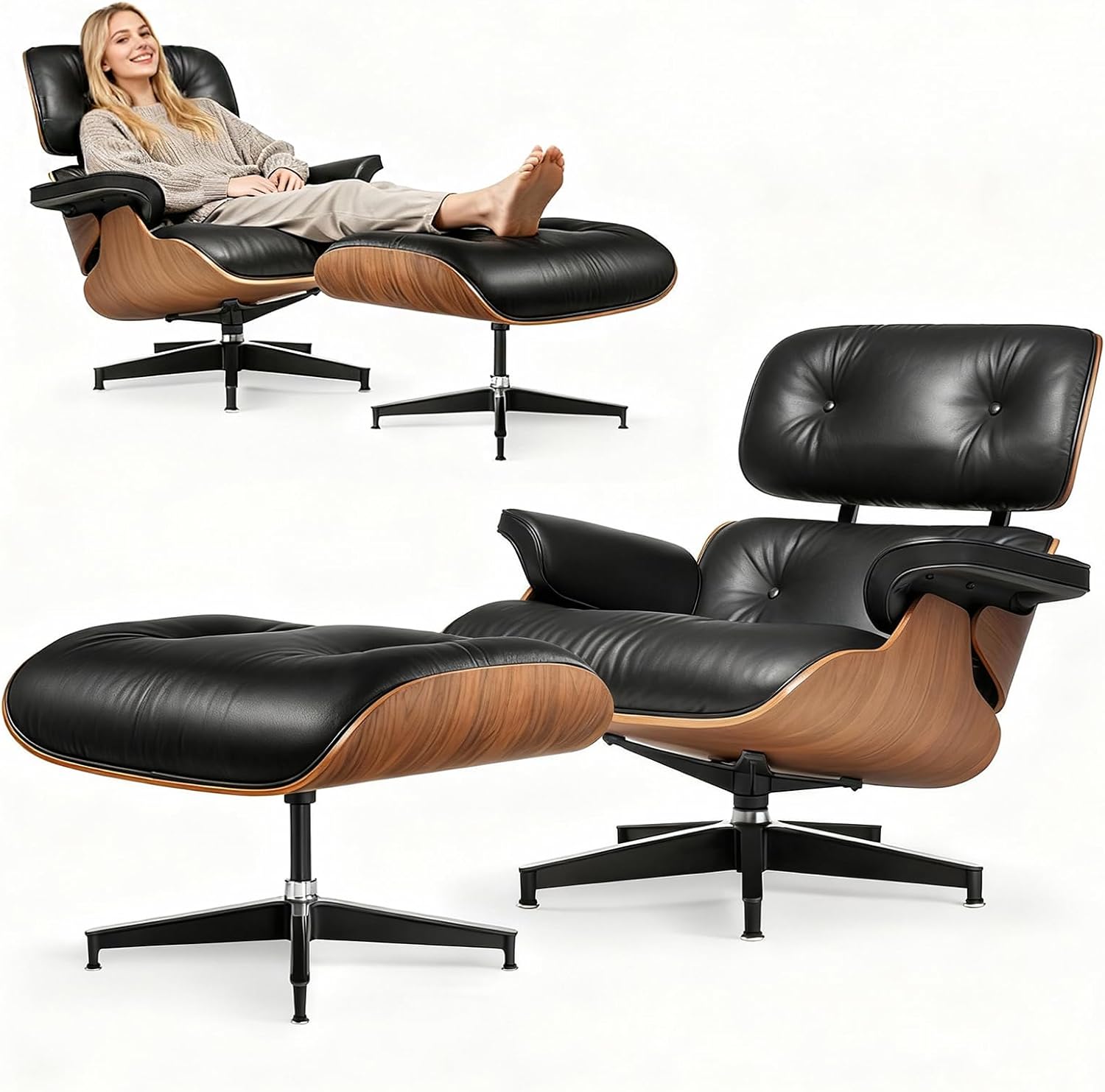 Echtleder-Entspannungssessel mit Fußhocker, Moderner Fernsehsessel, Drehbarer Chaiselongue mit Ottomane, Fester Neigungswinkel von 105°, Massiver Holzrahmen, Perfekt für Wohnzimmer & Büro