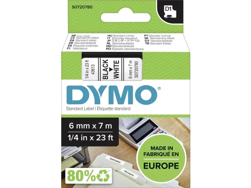 Labeltape DYMO® D1 sort på hvid 6mm x 7m