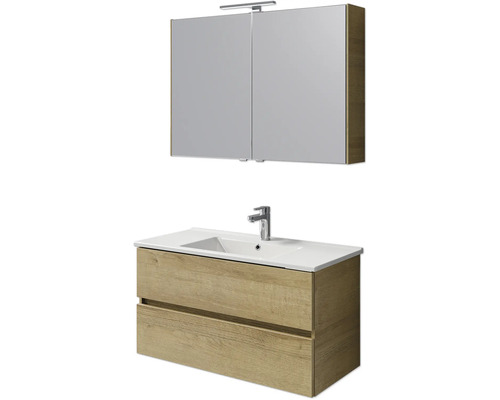 Badkamermeubelset Pelipal Cavallino (B x H x D 100 x 200 x 46 cm), frontkleur: Riviera eiken, met witte keramische wastafel, badmeubel en spiegelkast met LED-verlichting