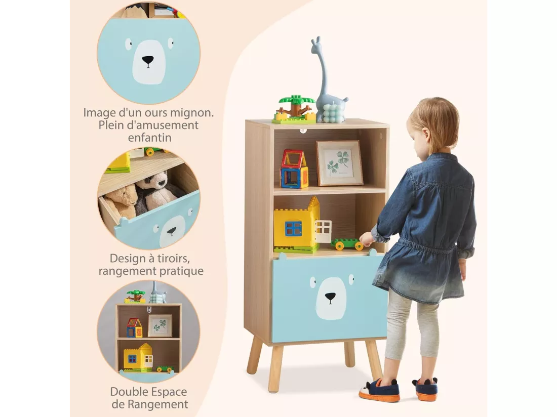 Meuble de Rangement Jouet Enfants à 3 Niveaux avec Tiroir en Forme d’Ours, Étagère de Rangement en Bois avec Dispositif Anti-basculement, Bibliothèque pour Chambre d'enfants, Salle de Jeux…