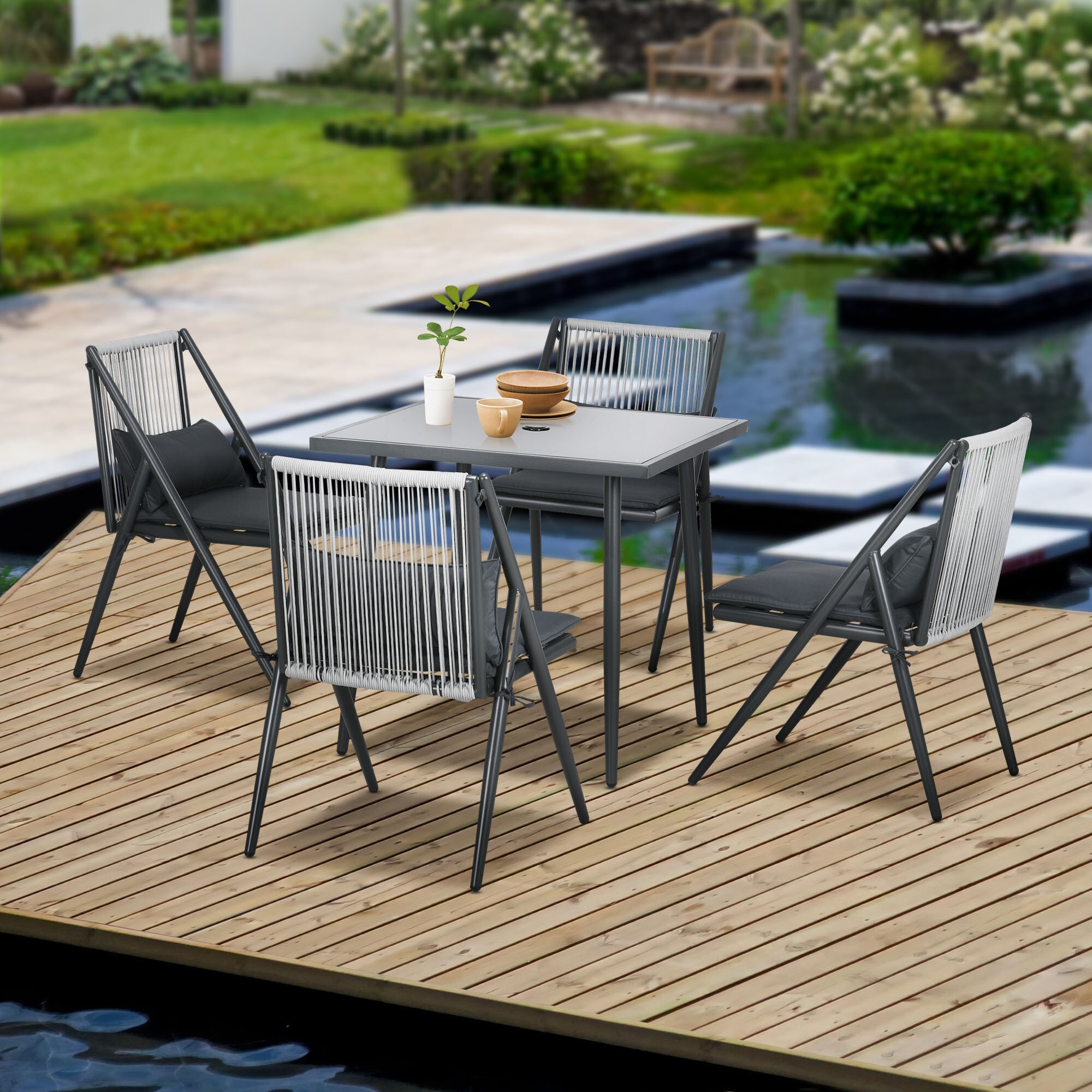 Outsunny Sitzgruppe mit 4 Stühlen grau 80L x 80B x 75H cm