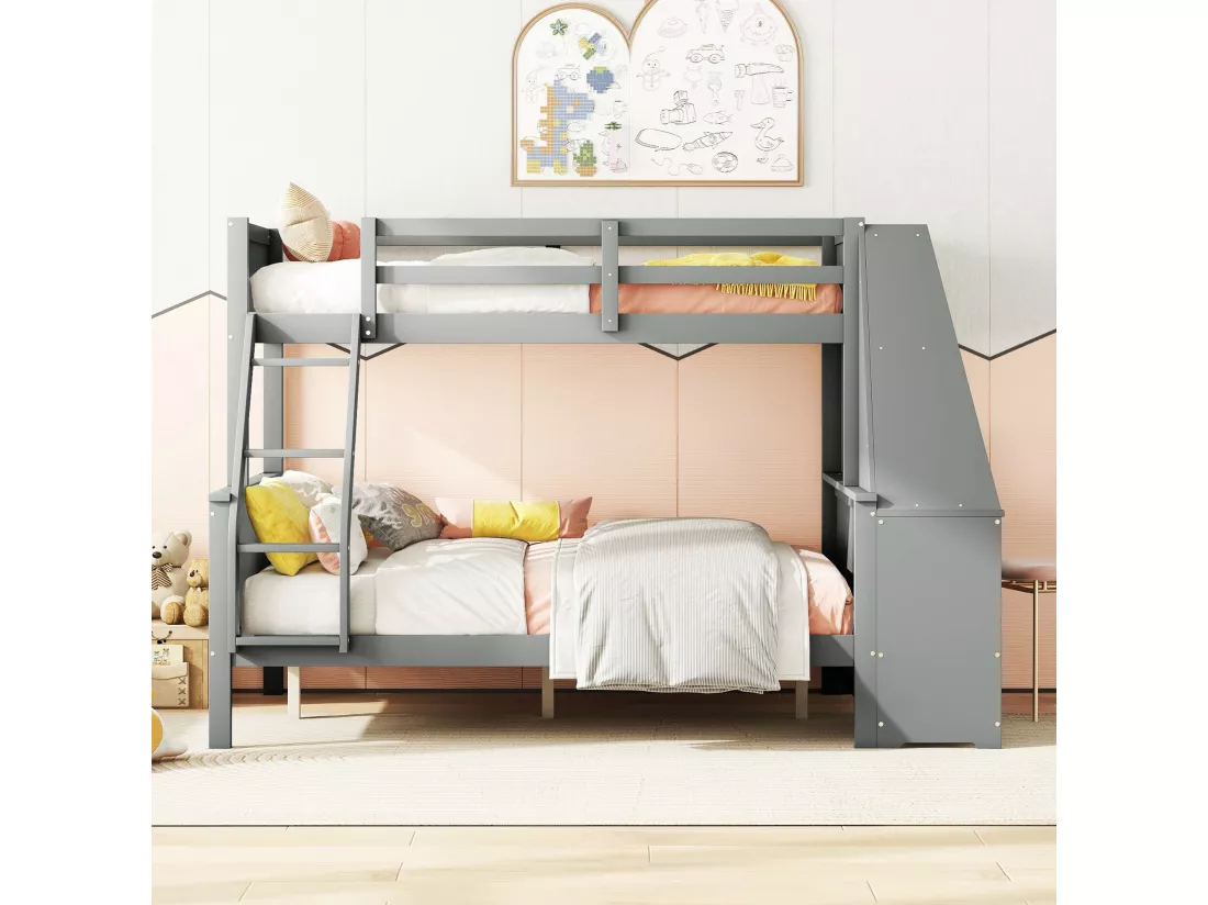 Lits superposés 90 x 200 cm + 140 x 200 cm - bureau + 3 tiroirs + étagère - bois MDF - gris
