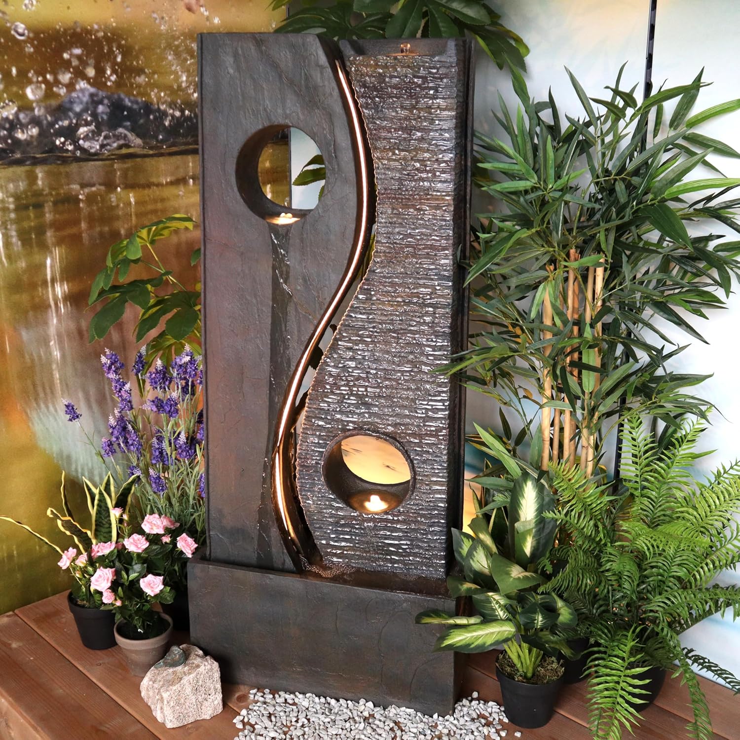 Wacredo Premium Wasserspiel Komplettset Gambia 119cm Zimmerbrunnen Indoorbrunnen Springbrunnen Gambia Schieferoptik architektonisch Gesteinswand f. Wohnraum und Garten mit 3X LED Spots; 1X LED Band