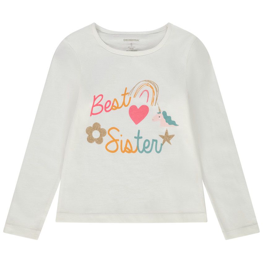 T-shirt manches longues print fantaisie et glitter pour fille - Ecru