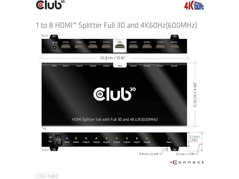 Club 3D 8-Port Signalsplitter CSV-1383 1 auf 8 HDMI-Verteiler