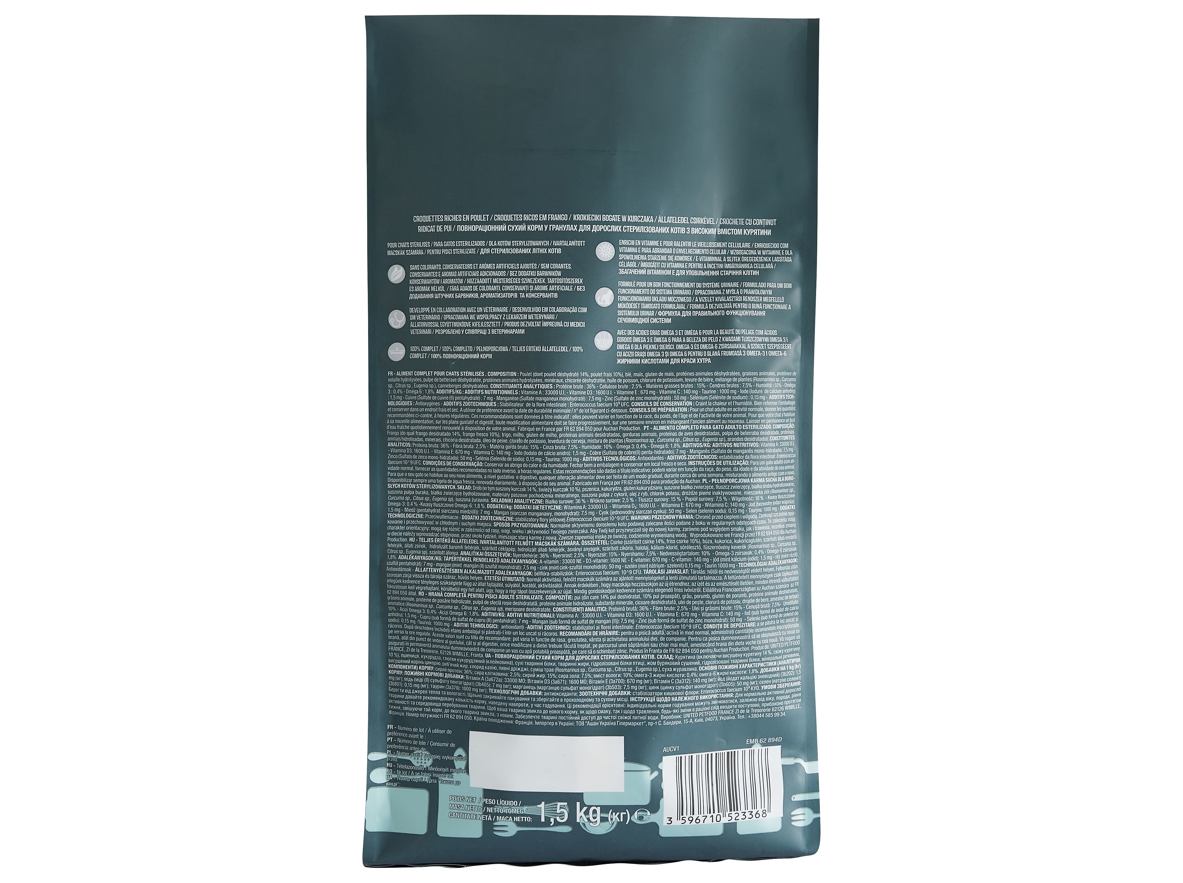 RAÇÃO PARA GATO SÉNIOR AUCHAN ESTERILIZADO RICO EM FRANGO FRESCO 1.5KG