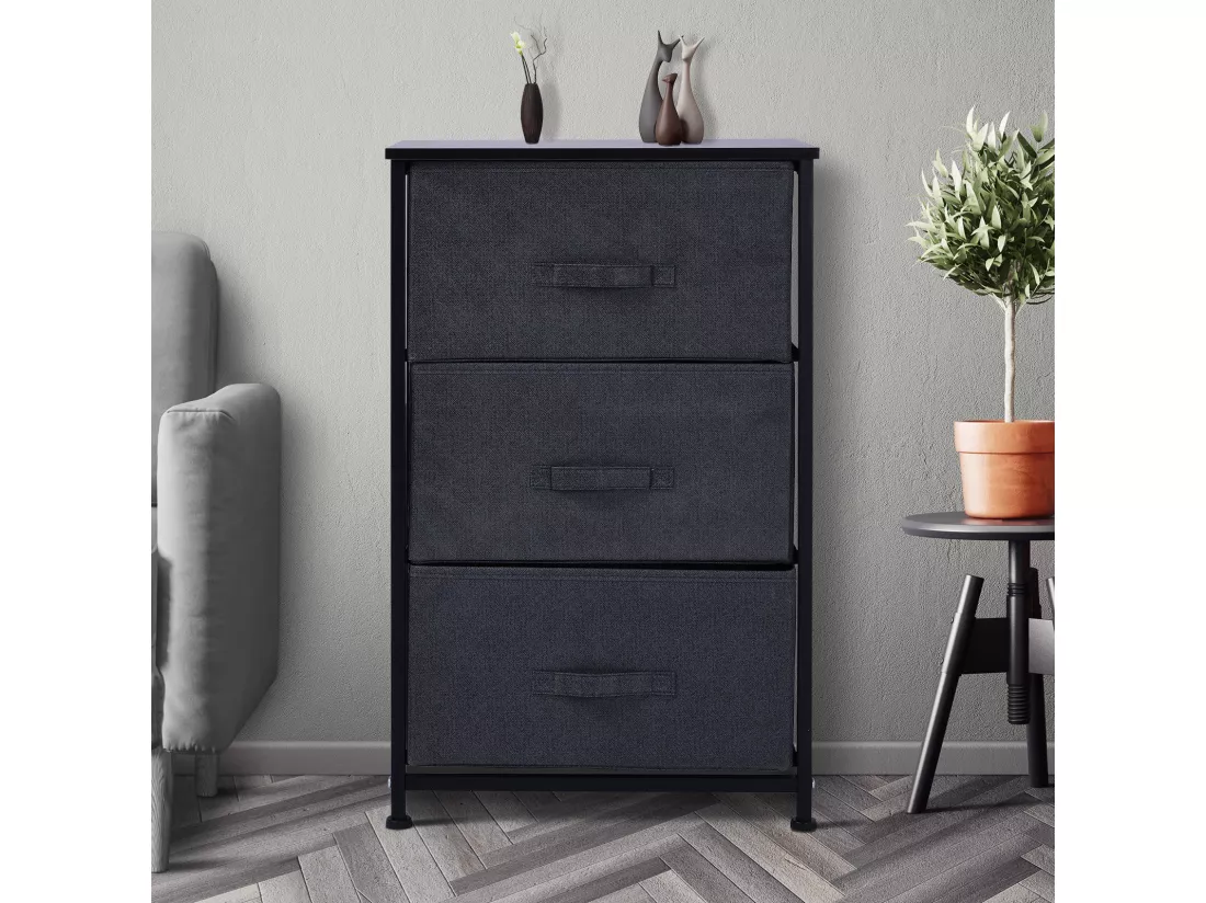 Meuble de rangement 3 tiroirs chiffonnier dim. 45L x 30l x 71H cm métal MDF non tissé noir