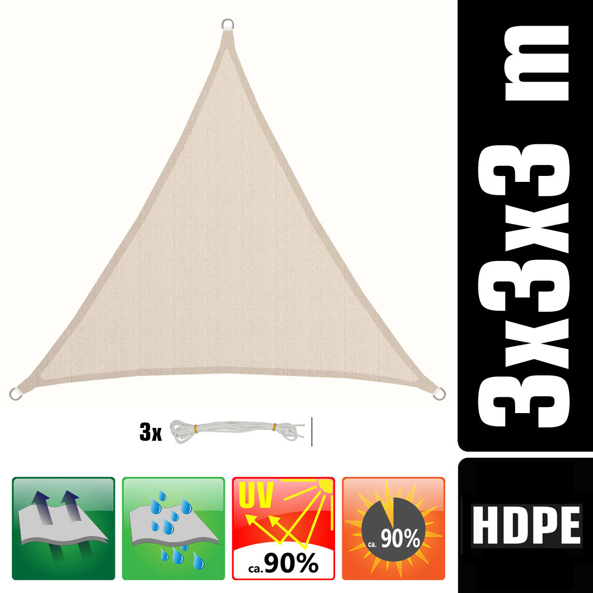 AMANKA 3 x 3 x 3 luchtdoorlatend UV schaduwdoek - Beige