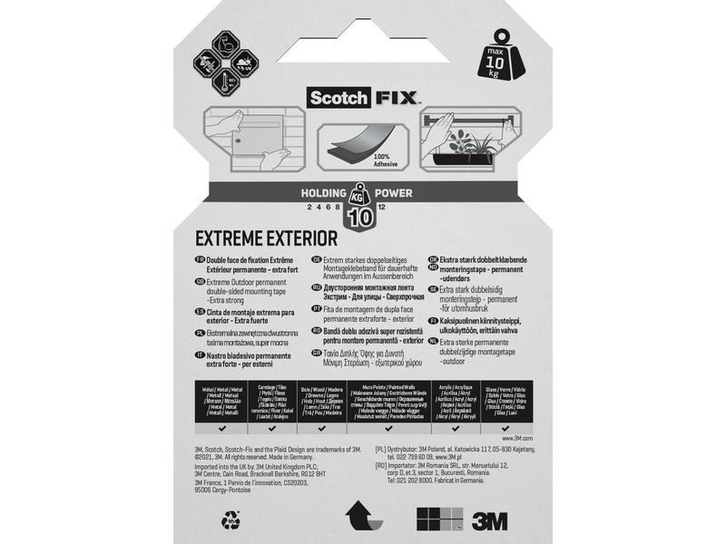Scotch Aussenmontageband Extreme, 19 mm x 1.5 m, 1 Rolle, S Doppelseitiges Montageband für den Aussenbereich
