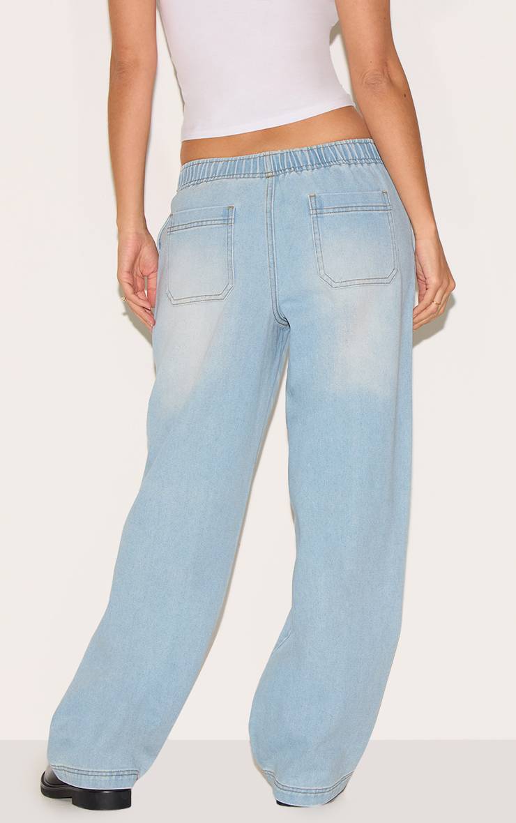 Light Blue Wash Jean Jambe Large À Taille Élastiquée