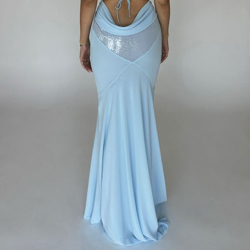 Weaveal - Halter Sequin Panel Mesh Maxi Sheath Dress