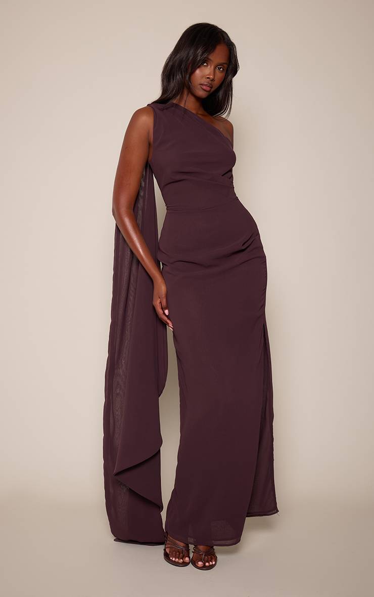 Marron Robe Longue En Mousseline Asymétrique Avec Détail Foulard Drapé