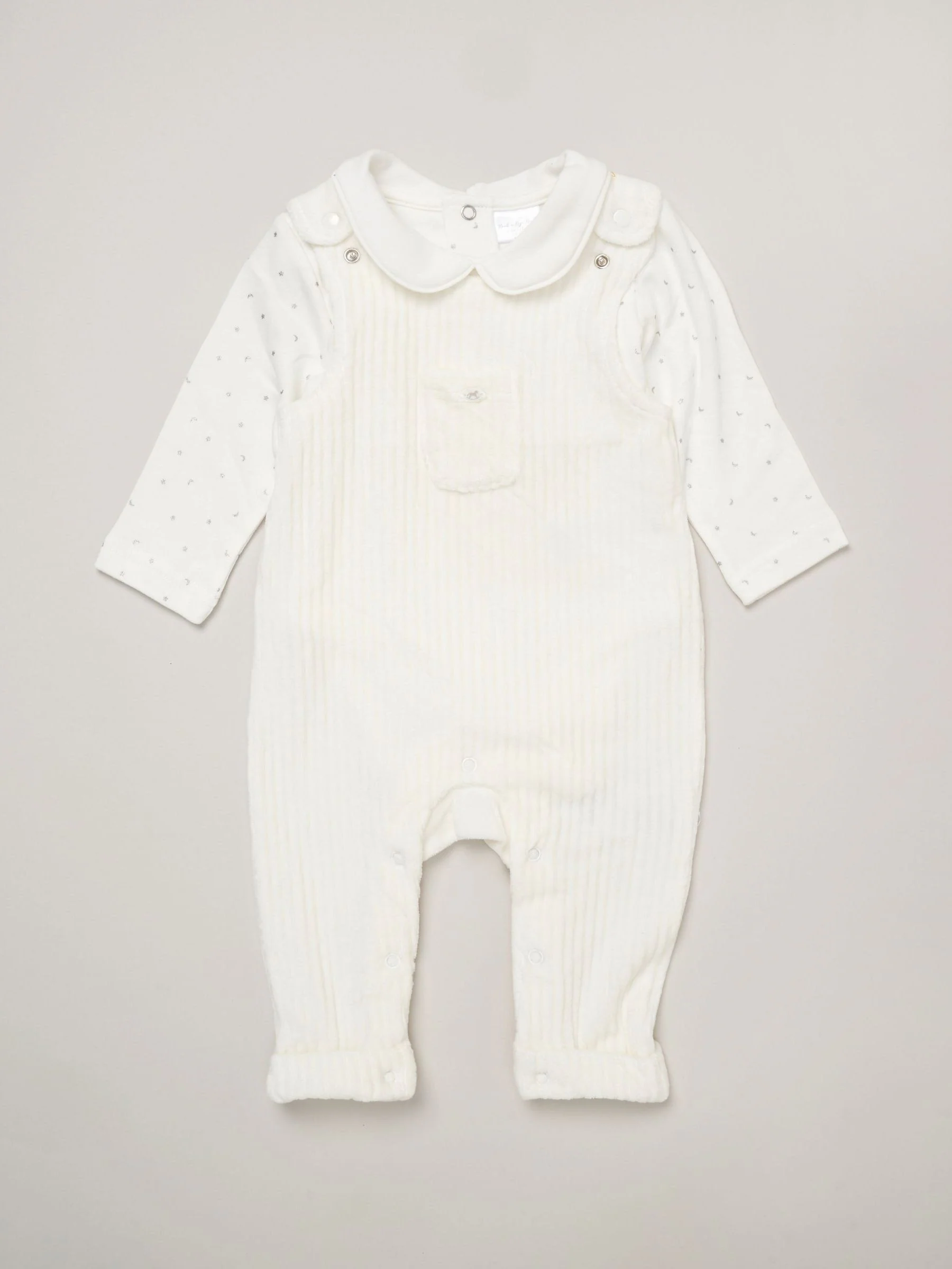 Rock-A-Bye Baby Boutique Baby Velour White Dungarees and Bodysuit Set