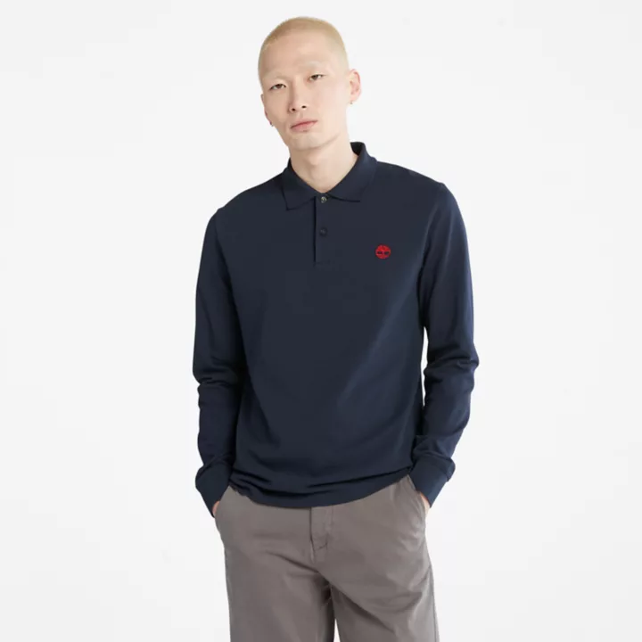 Camisa polo de manga comprida Millers River em piqué para homem, na cor azul marinho.
