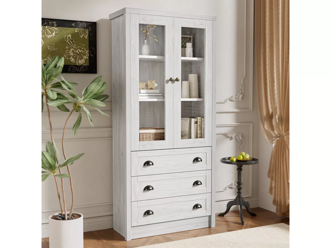 Armoire haute moderne 80x34x171 cm - avec 2 portes vitrées - 3 tiroirs - blanc