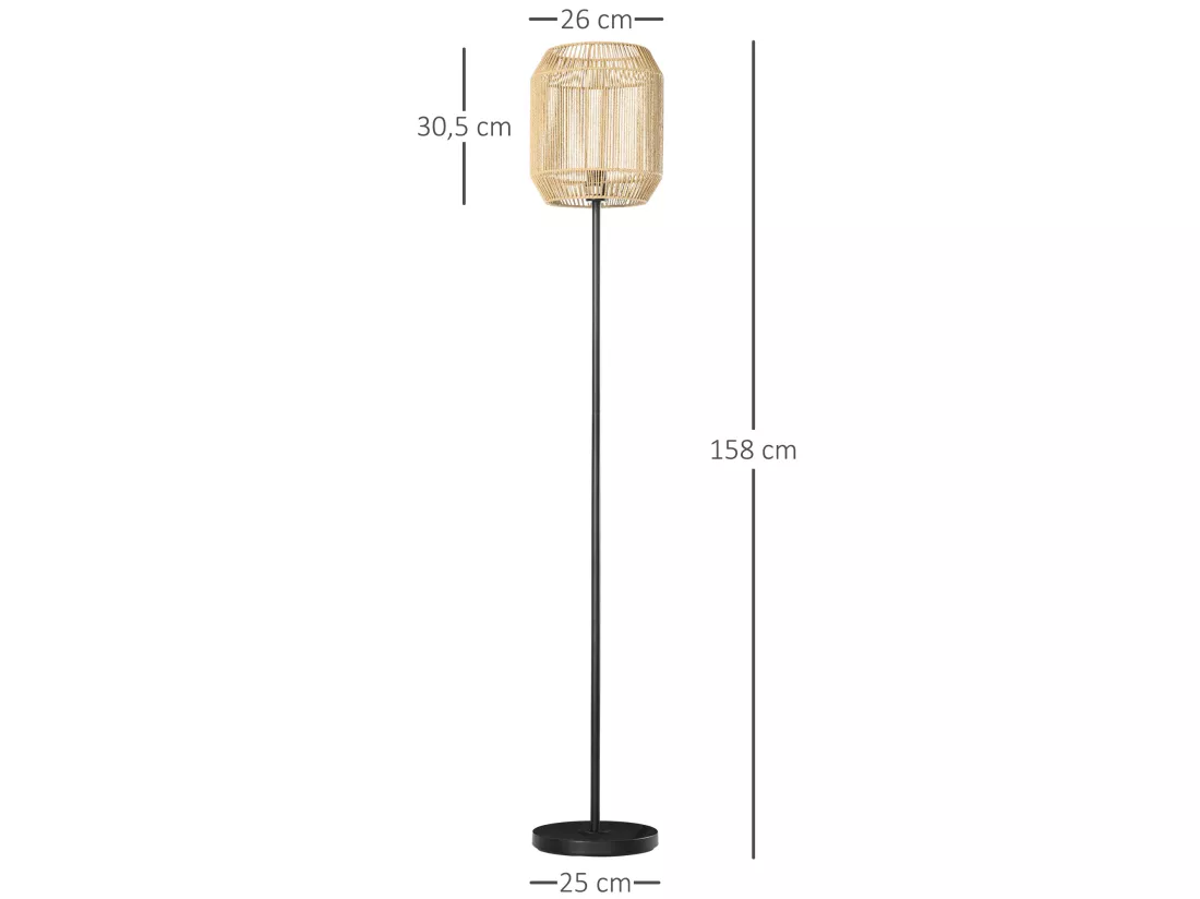 Lampadaire aspect cannage style cosy 40 W max. H.158 cm piètement mât métal noir abat-jour corde papier tressé main