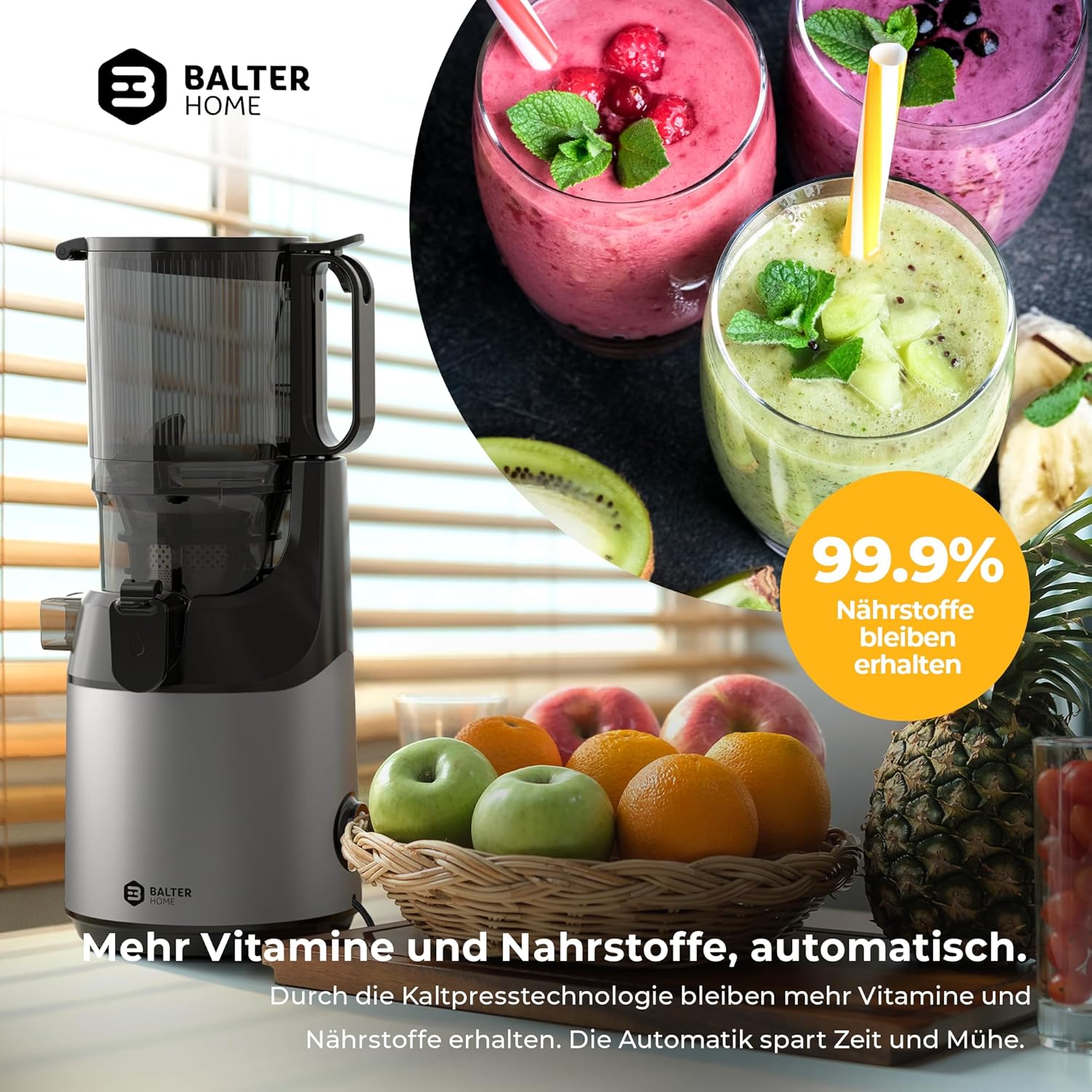Balter Entsafter Slow Juicer, Große 135MM Öffnung, 300 Watt, Entsafter für Gemüse und Obst, Früchte, Saftpresse, BPA Frei, leise