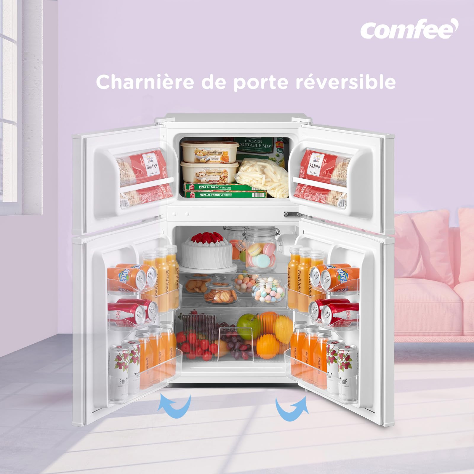 COMFEE' RCT87WH2(E) Réfrigérateur Congélateur Sous Plan, Petit Réfrigérateur Congélateur 87L avec Éclairage, Étagères Amovibles, Thermostats Réglables