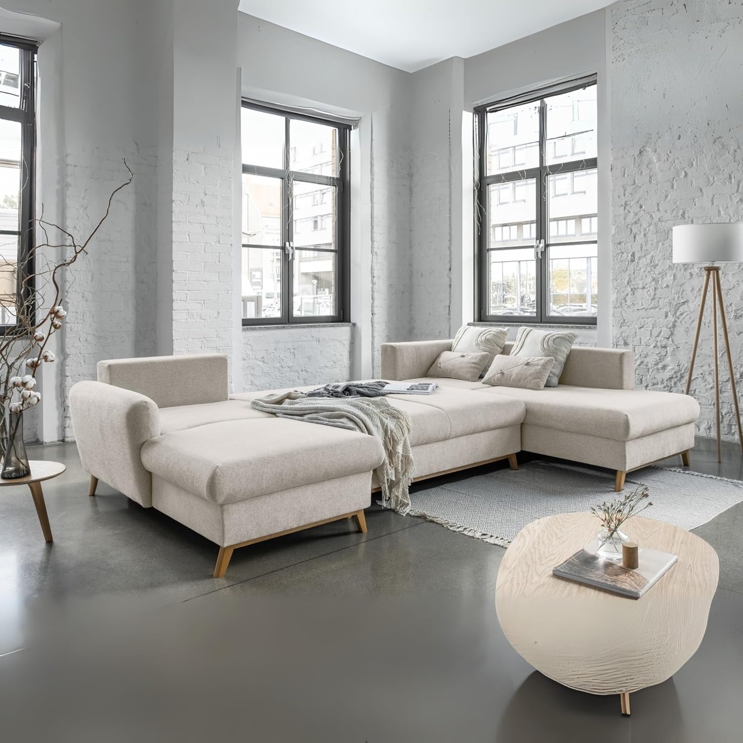 MIUFORM Scandic Lagom mit Bettkasten | 8 Sitzer Sofa | U-Form rechts | 312x202x90cm Couch | Klappsofa mit Schlaffunktion (Beige)