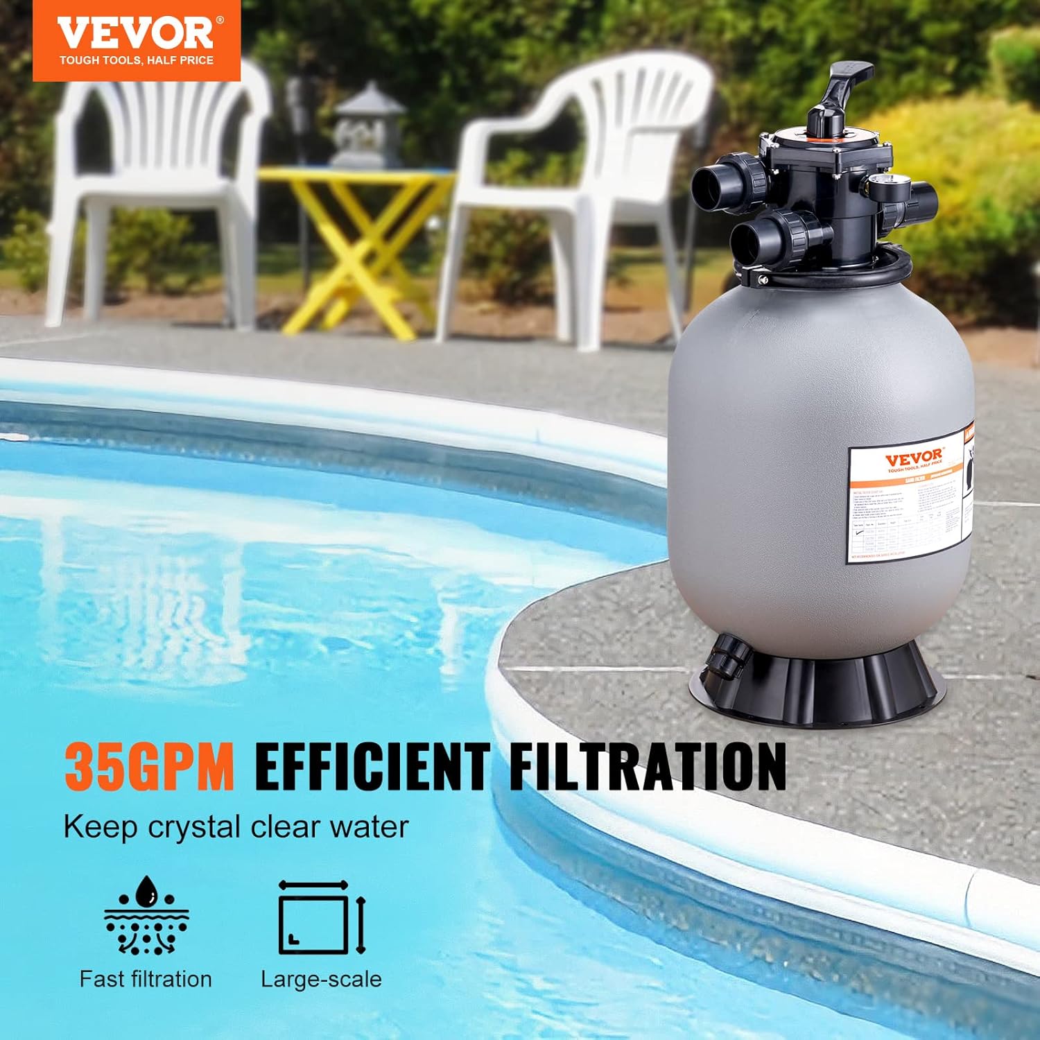 VEVOR Sandfilteranlage 35GPM Durchfluss Filteranlage 406,4mm Sandfilter 1-1/2Zoll Einlass-/Auslassdurchmesser Filterkessel HDPE Filterpumpe 7-Wege-Mehrwegeventil Sandfilterpumpe 400x400x820mm