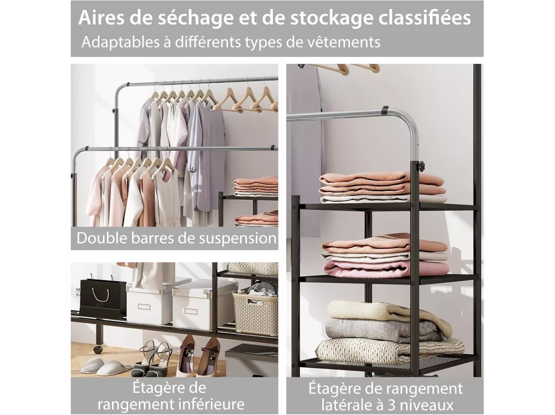 Portant à Vêtements Roulettes, 2 Tringles Réglables en 3 Hauteurs, Portant Vetement Solide avec 3 Étagère, Porte-chaussures, Penderie Vetement Chambre en Métal Robuste(Argent)