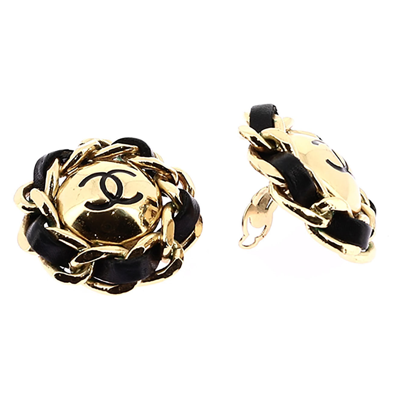 Chanel Boucles d'oreilles Clips Vintage en Cuir dorées - Très bon état