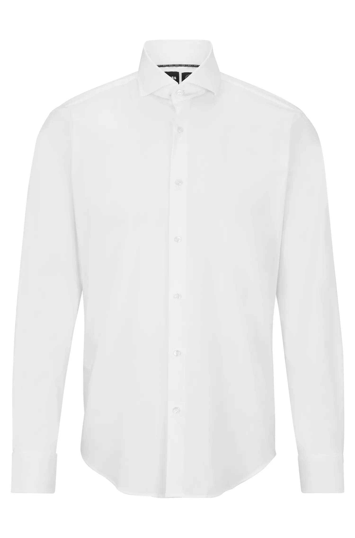 Camisa BOSS preta de corte regular em mistura de algodão elástico.