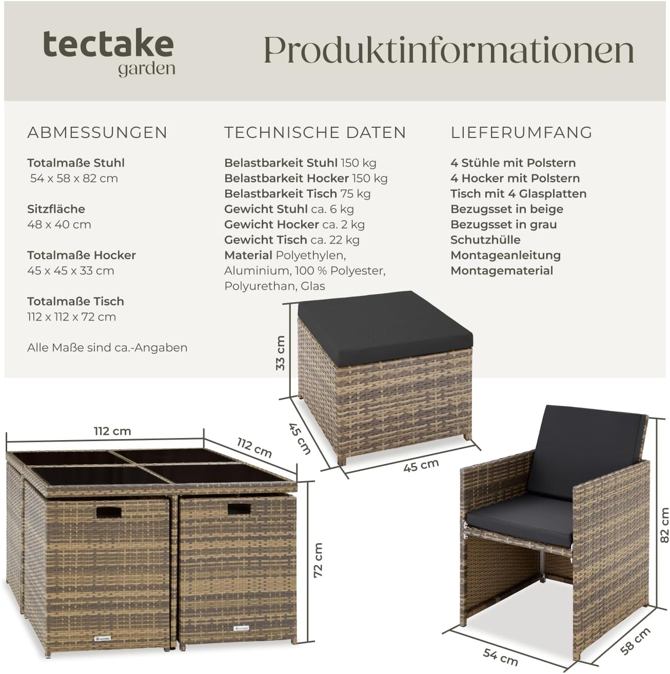 tectake® Lounge Möbel Set 4X Stühle, 4X Hocker, 1x Tisch, platzsparende Cube Aufbewahrung, Outdoor Rattan Gartenmöbel für Balkon, Garten und Terrasse, mit Abdeckung und Wechselbezügen - Natur