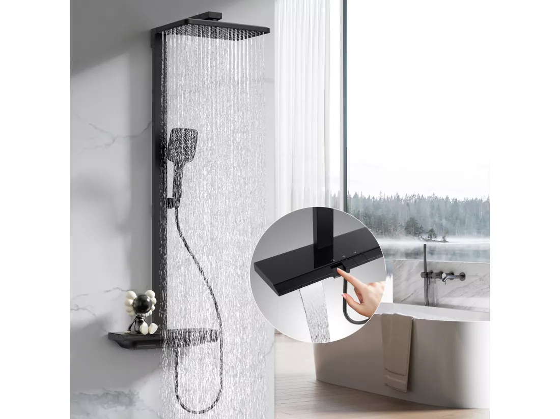 Colonne de Douche Thermostatique 40℃ avec plaque thermostatique de 40 cm Ensemble de Douche en Laiton douchette à main avec 4 intensités de jet