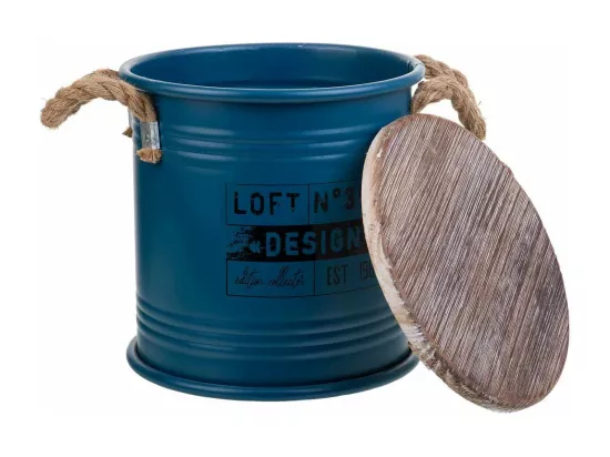 Boîte ronde en métal, couvercle en bois et poignées en corde imprimée bleue D25x27h cm