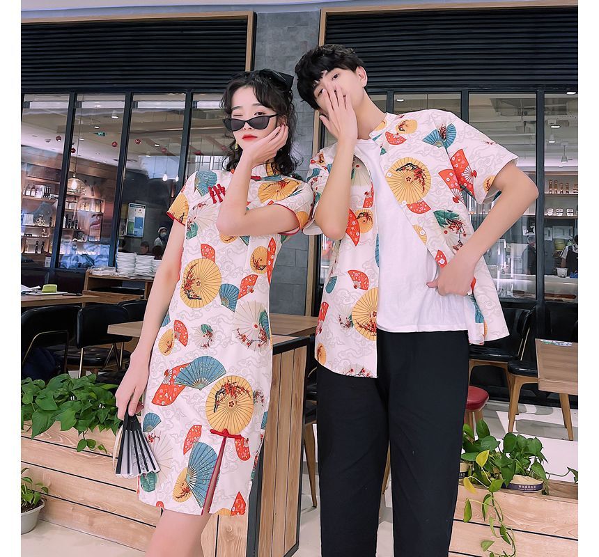NoonSun - Koppel bijpassende korte mouwen waaier print mini qipao / shirt / effen rechte broek / set