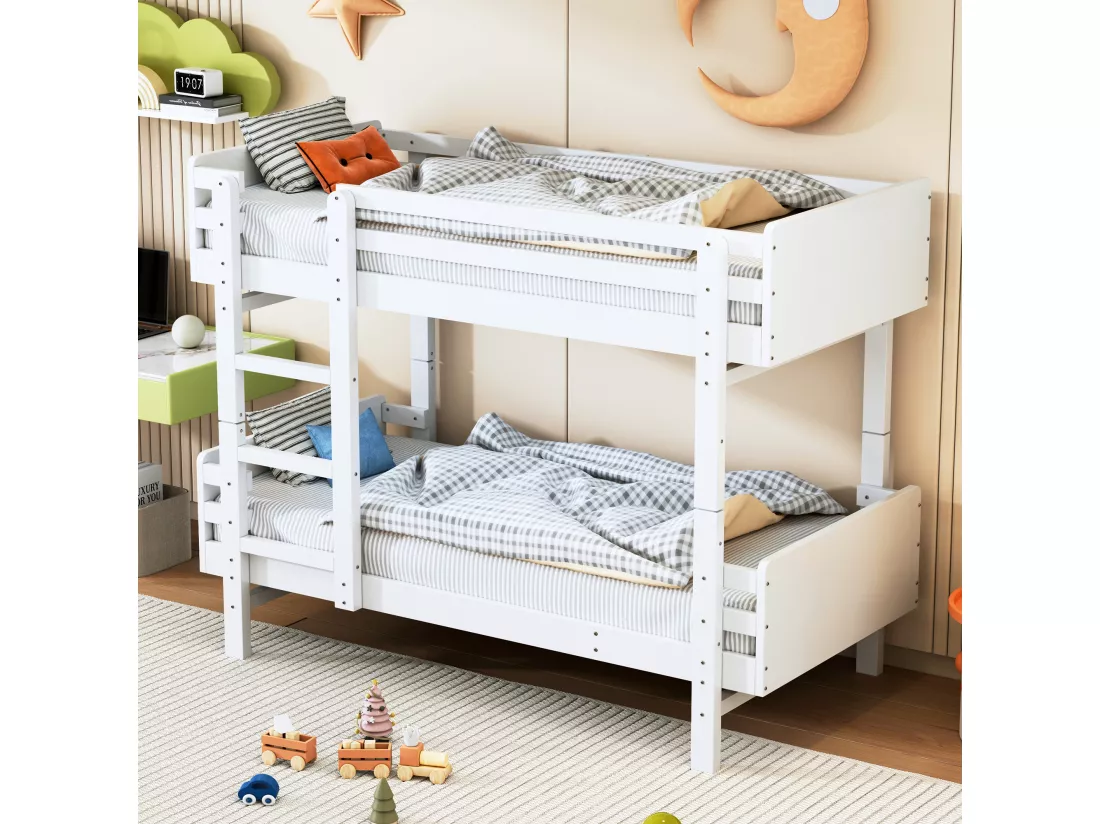Lit superposé pour enfant blanc 90 x 190 cm, cadre en bois massif, convertible en deux lits à plateforme