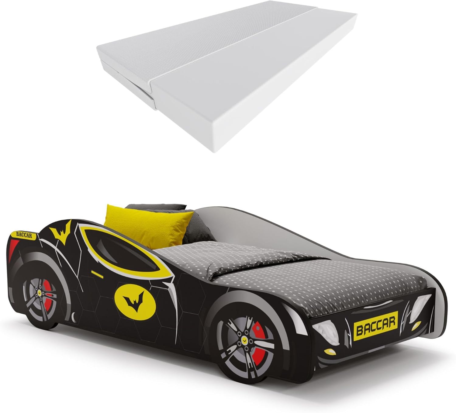 KOBI | BATCAR Kinderbett | Superheld | Für das Kinderzimmer | Autobett für Jungen | Set mit Matratze und Gestell (160x80)