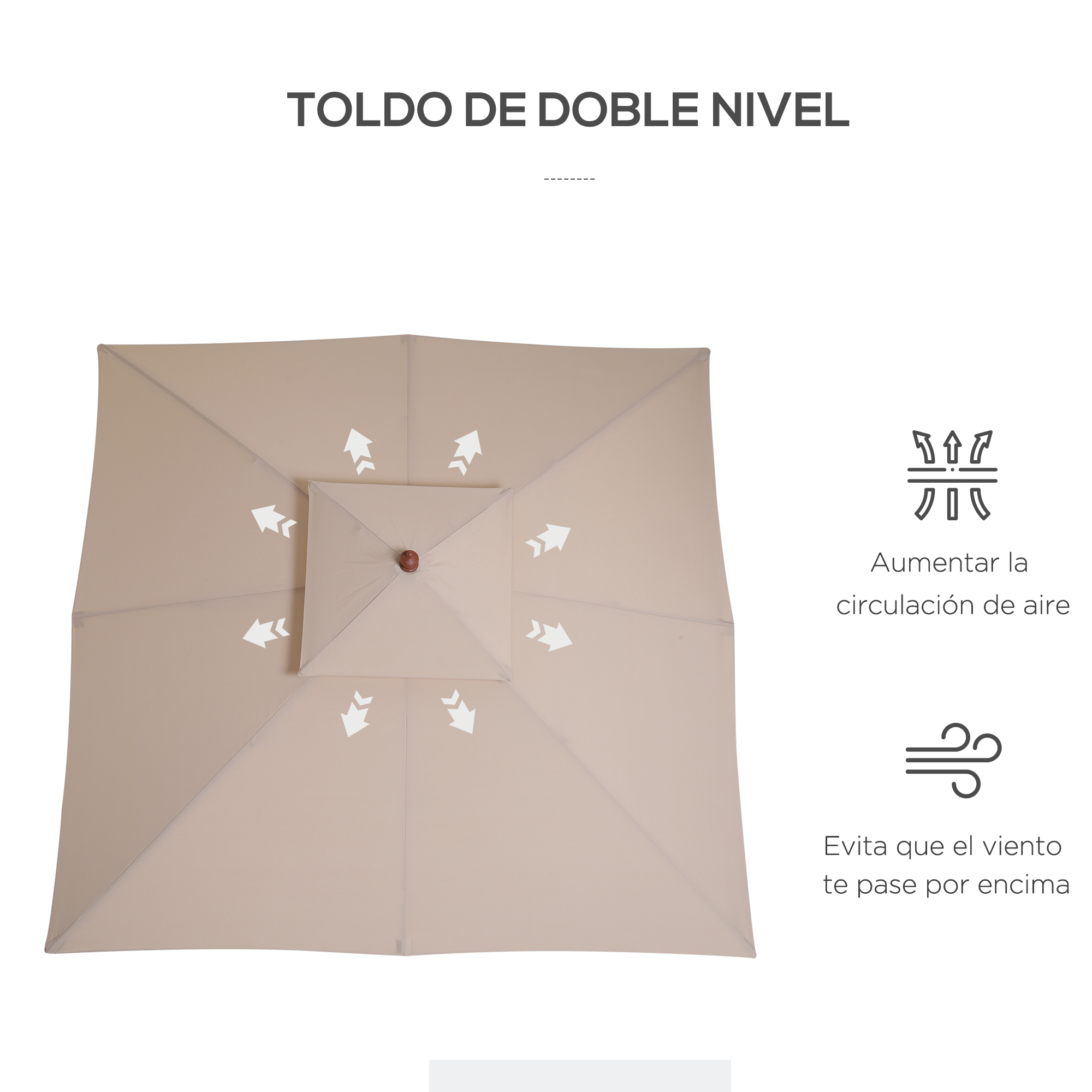 Guarda-sol de bambu Outsunny 3x3x3 m com cobertura dupla, sistema de polias à prova d'água para terraço e varanda, bege.