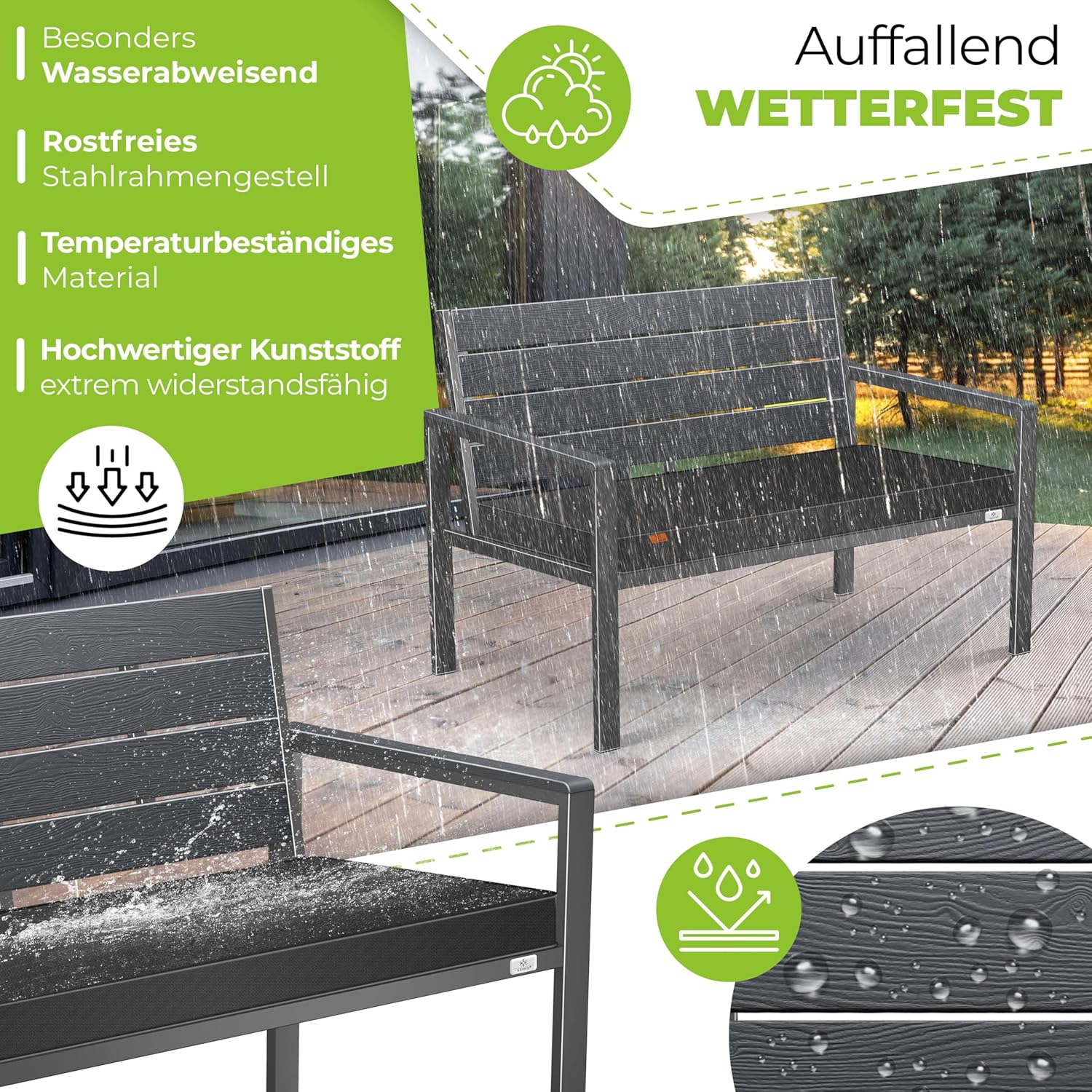 KESSER® Gartenbank mit Kissen – Sitzbank Wetterfest 2-Sitzer Parkbank in Holzoptik Balkonbank für Garten Terrasse Balkon bis 300 kg belastbar UV-beständig inkl. abnehmbarem & waschbarem Polsterbezug