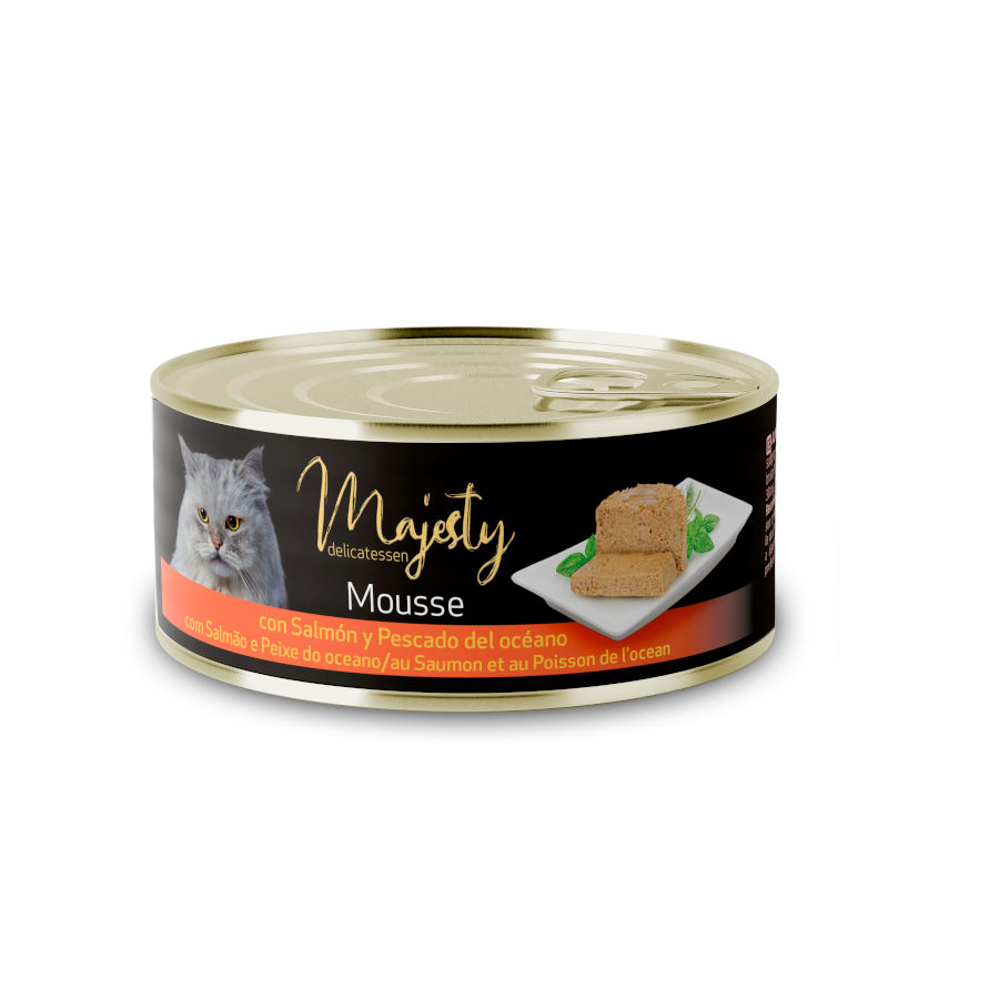 Mousse Majesty Adult de Salmão e Peixe do Oceano em Lata para Gatos