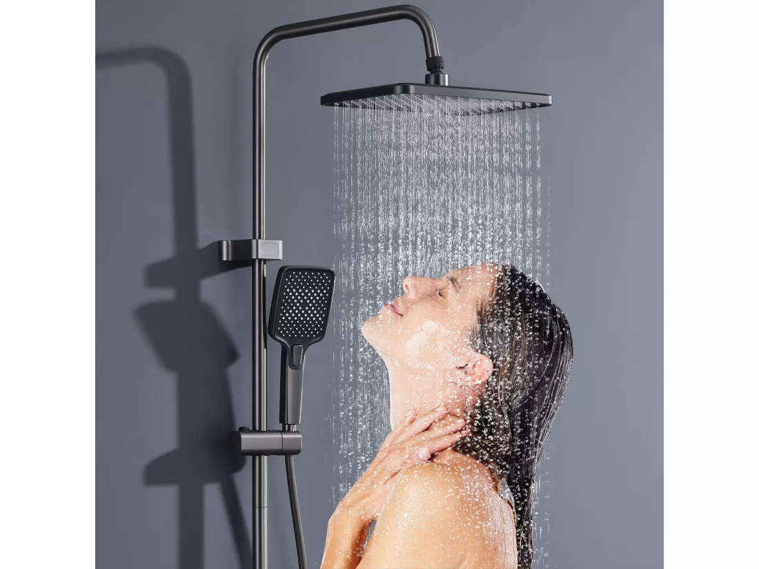 Colonne de Douche Noir avec LED et Affichage Numérique, Ensemble de Douche à 4 Fonctions, Étagère de Rangement Intégrée et Système en Laiton