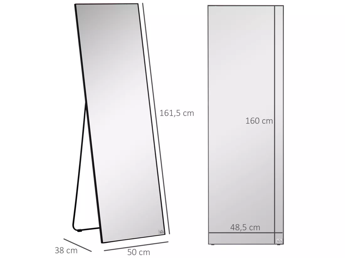 Miroir sur pied ou mural rectangulaire grande taille dim. 50L x 37l x 158H cm verre métal noir