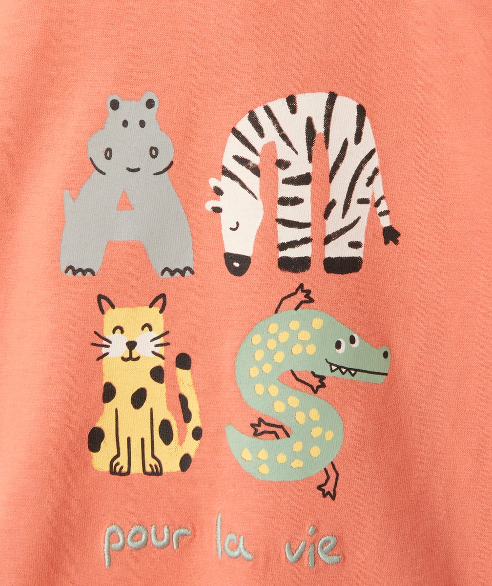 T-SHIRT BÉBÉ GARÇON EN FIBRES RECYCLÉES ROSE AVEC MESSAGE ET ANIMAUX