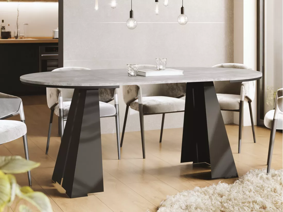 Table à Manger Ronde Extensible Avec Piètement Métallique Noir - Table Industrielle Moderne Pour Salle à Manger Ou Cuisine - 100 Cm à 180 Cm - Fabriqué En Ue - Béto