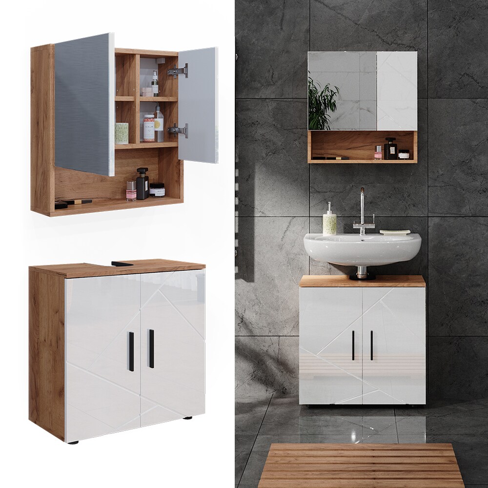 Vicco Badmöbelset Irma Eiche Weiß Hochglanz modern Badezimmerschrank Badschrank Badezimmermöbel Waschtischunterschrank Spiegelschrank Schranktür Schrankfach