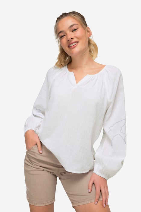 Bluse, Vogel-Stickerei, Tunika-Ausschnitt, Raglan-Langarm