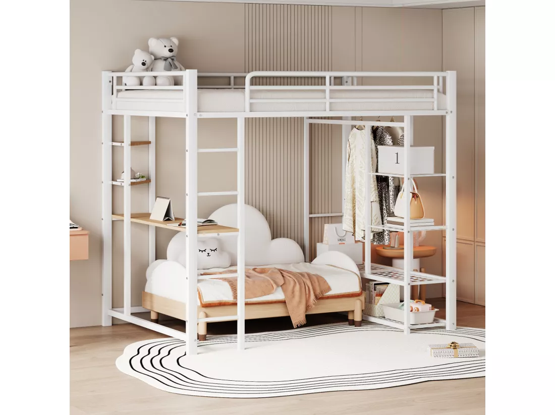 Lit mezzanine lit en fer/ lit en métal 140*200cm lit simple enfant avec compartiment de rangement table et sommier à lattes, blanc